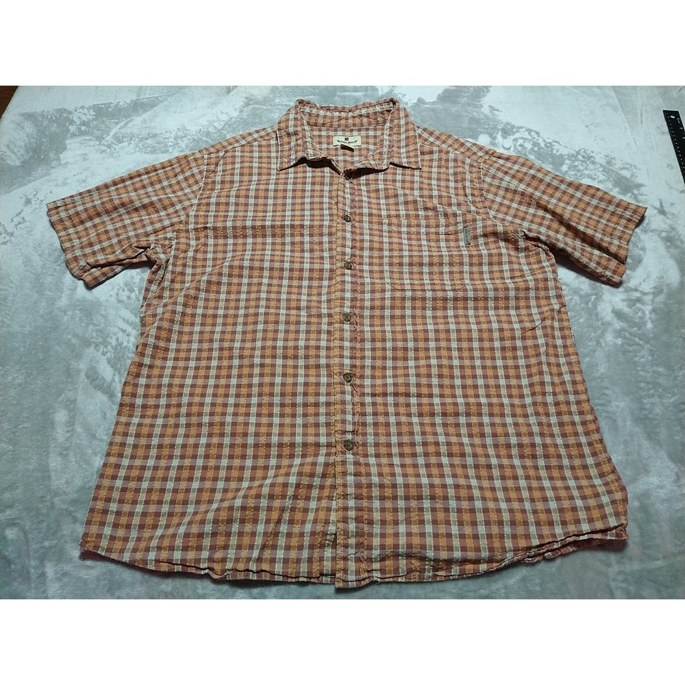 Woolrich Shirt Men‎ XL Burgundy/Orange Plaid Waffled Button Up Short Sleeve...